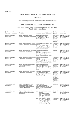 G.N. 519 CONTRACTS AWARDED in DECEMBER 2016 NOTICE the Following Contracts Were Awarded in December 2016