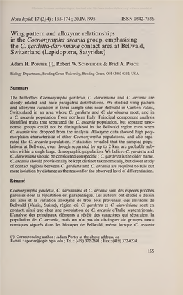 Wing Pattern and Allozyme Relationships in the Coenonympha Arcania Group, Emphasising the C