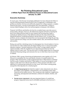 Re-Thinking Educational Loans a White Paper from the National Forum on Educational Loans January 12, 2007