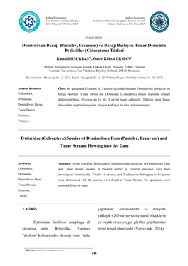 Demirdöven Barajı (Pasinler, Erzurum) Ve Barajı Besleyen Tımar Deresinin Dytiscidae (Coleoptera) Türleri