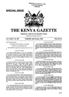 THE KENYA GAZETTE Published by Authority of the Republic of Kenya (Registered As a Newspaper at the G.P.O.) � Vol