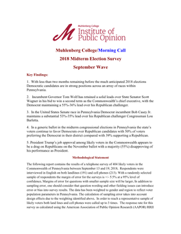 Muhlenberg College/Morning Call 2018 Midterm Election Survey September Wave Key Findings: 1