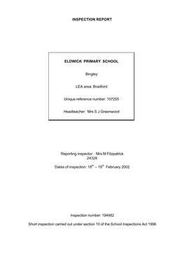 INSPECTION REPORT ELDWICK PRIMARY SCHOOL Bingley LEA Area