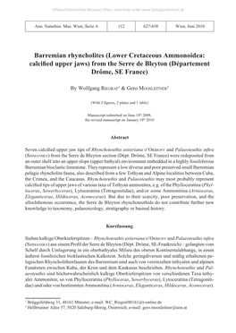 Barremian Rhyncholites (Lower Cretaceous Ammonoidea: Calcified Upper Jaws) from the Serre De Bleyton (Département Drôme, SE France)