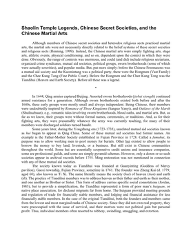 Shaolin Temple Legends, Chinese Secret Societies, and the Chinese Martial Arts