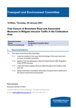 Trial Closure of Brunstane Road and Associated Measures to Mitigate Intrusive Traffic in the Coillesdene Area