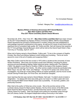 For Immediate Release : Contact: Margery Flax