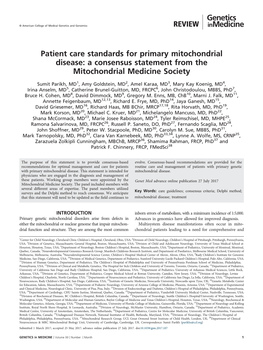 Patient Care Standards for Primary Mitochondrial Disease: a Consensus Statement from the Mitochondrial Medicine Society