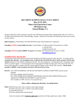 2021 SHOW JUMPING RALLY FACT SHEET May 22-23, 2021 Mane Gait Equestrian Center 100 Equus Loop Natural Bridge, VA