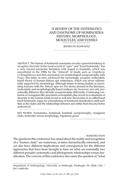 And Taxonomy of Hominoidea: History, Morphology, Molecules, and Fossils