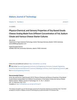 Physico-Chemical, and Sensory Properties of Soy Based Gouda Cheese Analog Made from Different Concentration of Fat, Sodium Citra