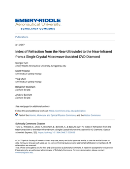 Index of Refraction from the Near-Ultraviolet to the Near-Infrared from a Single Crystal Microwave-Assisted CVD Diamond