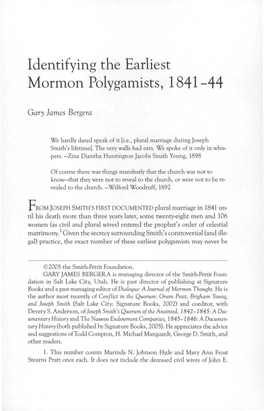 Identifying the Earliest Mormon Polygamists, 1841-44