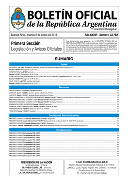Legislación Y Avisos Oficiales Jurídicos Que Su Edición Impresa (Decreto Nº 207/2016)