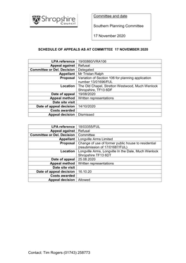 Schedule of Appeals As at Committee 17 November 2020
