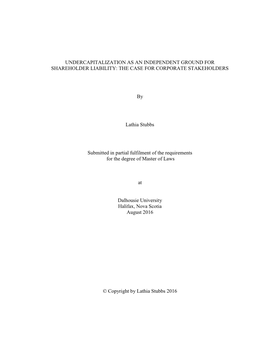 Undercapitalization As an Independent Ground for Shareholder Liability: the Case for Corporate Stakeholders