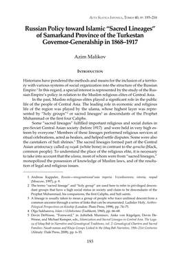 Russian Policy Toward Islamic “Sacred Lineages” of Samarkand Province of the Turkestan Governor-Generalship in 1868–1917