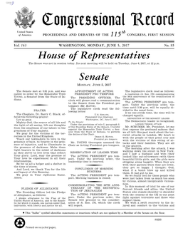 Congressional Record United States Th of America PROCEEDINGS and DEBATES of the 115 CONGRESS, FIRST SESSION