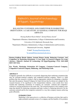 Balancing Customer and Competitor in Marketing Orientation: a Case Study at General Company for Iraqi Airways