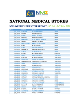 NATIONAL MEDICAL STORES NMS WEEKLY DISPATCH REPORT:19Th Feb - 24Th Feb