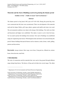 1 Introduction the Style of Construction and the Materials That Were Used in Iraq Passed Through Different Stages During Iraqi History