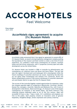 Accorhotels Signs Agreement to Acquire 21C Museum Hotels