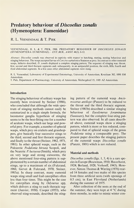 Predatory Behaviour of Discoelius Zonalis (Hymenoptera: Eumenidae)