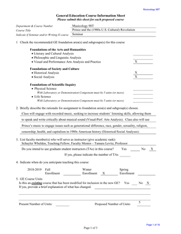 Musicology 98T General Education Course Information Sheet Please Submit This Sheet for Each Proposed Course