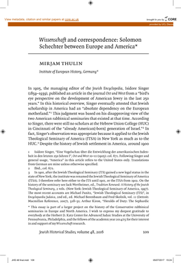 Solomon Schechter Between Europe and America* Mirjam Thulin