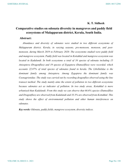 Comparative Studies on Odonata Diversity in Mangroves and Paddy Field Ecosystems of Malappuram District, Kerala, South India