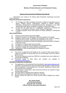 Page 1 of 4 Vacancy Announcement for Pakistan Chair Abroad Applications Are Invited to Fill Allama Iqbal Fellowship Cambridge Un