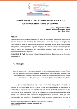 Giruá, Terra Do Butiá”: Narrativas Acerca Da Identidade Territorial E Cultural