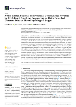 Active Rumen Bacterial and Protozoal Communities Revealed by RNA-Based Amplicon Sequencing on Dairy Cows Fed Different Diets at Three Physiological Stages