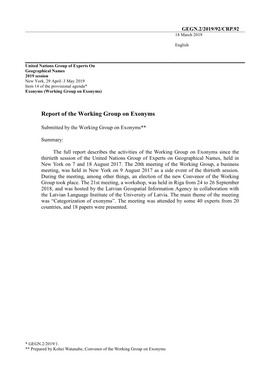 Report of the Working Group on Exonyms