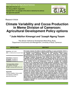 Climate Variability and Cocoa Production in Meme Division of Cameroon: Agricultural Development Policy Options