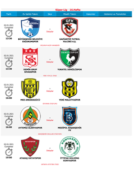 Süper Lig - 16.Hafta Tarih Ev Sahibi Takım Skor Misafir Takım Hakemler Gözlemci Ve Temsilciler