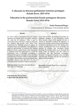 A Educação No Discurso Parlamentar Feminino Português (Estado Novo, 1935-1974)