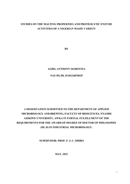 Studies on the Malting Properties and Proteolytic Enzyme Activities of a Nigerian Maize Variety by Agbo, Anthony Ogbonnia Na