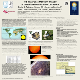 THE 9 MAY 2016 MERCURY TRANSIT a TIMELY OPPORTUNITY for OUTREACH David A