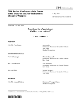 2010 Review Conference of the Parties to the Treaty on the Non-Proliferation 6 May 2010 of Nuclear Weapons ENGLISH/FRENCH/SPANISH