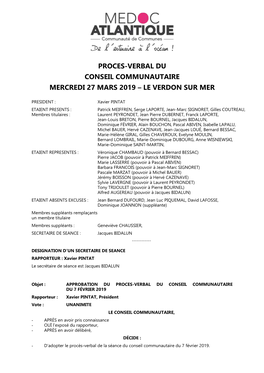 Proces-Verbal Du Conseil Communautaire Mercredi 27 Mars 2019 – Le Verdon Sur Mer