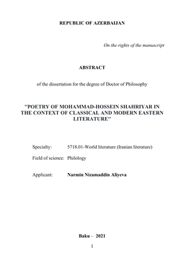 ''Poetry of Mohammad-Hossein Shahriyar in the Context of Classical and Modern Eastern Literature''