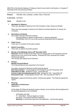 MINUTES of the Monthly Meeting of Tollesbury Parish Council Held in the Pavilion on Tuesday 4Th December 2018 Commencing at 8.00Pm