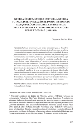 A Interpretação De Dados Históricos E Arqueológicos Sobre a Antiguidade Pela Revista De Extrema-Direita Francesa * Terre Et Peuple (1999-2016)