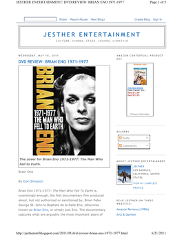 JESTHER ENTERTAINMENT: DVD REVIEW: BRIAN ENO 1971 -1977 Page 1 of 5