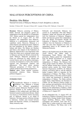 Malaysian Perceptions of China Ibrahim Abu Bakar Head of Islamic Religion and the Malay Custom the Idea to Form the Federation of Malaysia in His Respective State