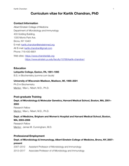 Curriculum Vitae for Kartik Chandran, Phd