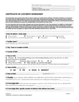 Certificate of Live Birth Worksheet