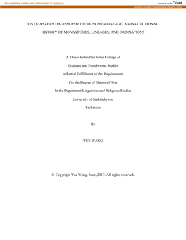 On Quanzhen Daoism and the Longmen Lineage: an Institutional