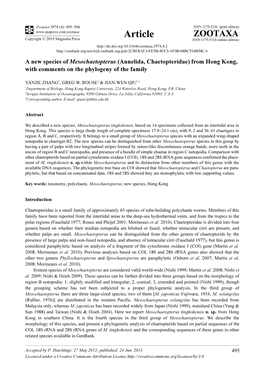 Annelida, Chaetopteridae) from Hong Kong, with Comments on the Phylogeny of the Family